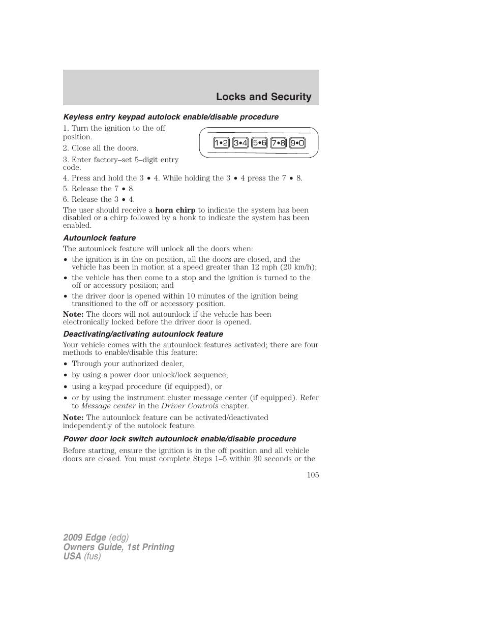 Autounlock feature, Deactivating/activating autounlock feature, Locks and security | FORD 2009 Edge v.1 User Manual | Page 105 / 320
