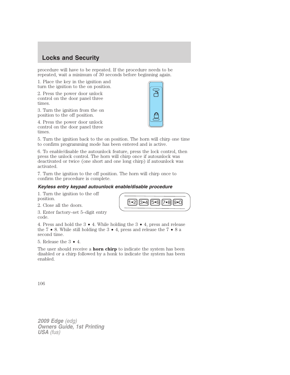 Locks and security | FORD 2009 Edge v.1 User Manual | Page 106 / 320