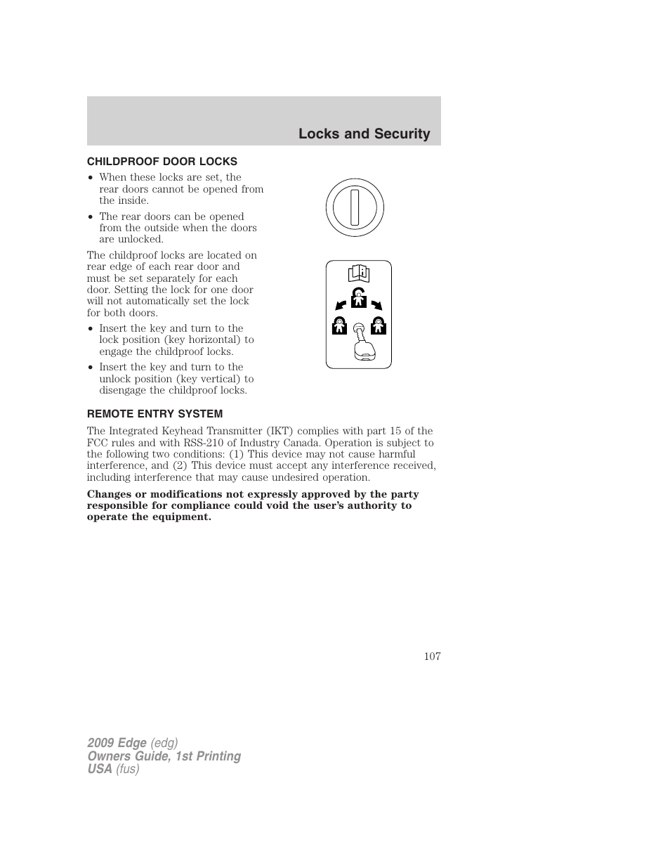 Childproof door locks, Remote entry system, Locks and security | FORD 2009 Edge v.1 User Manual | Page 107 / 320