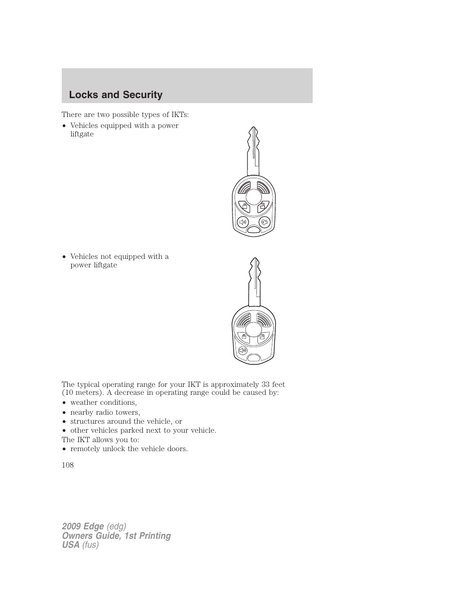 Locks and security | FORD 2009 Edge v.1 User Manual | Page 108 / 320