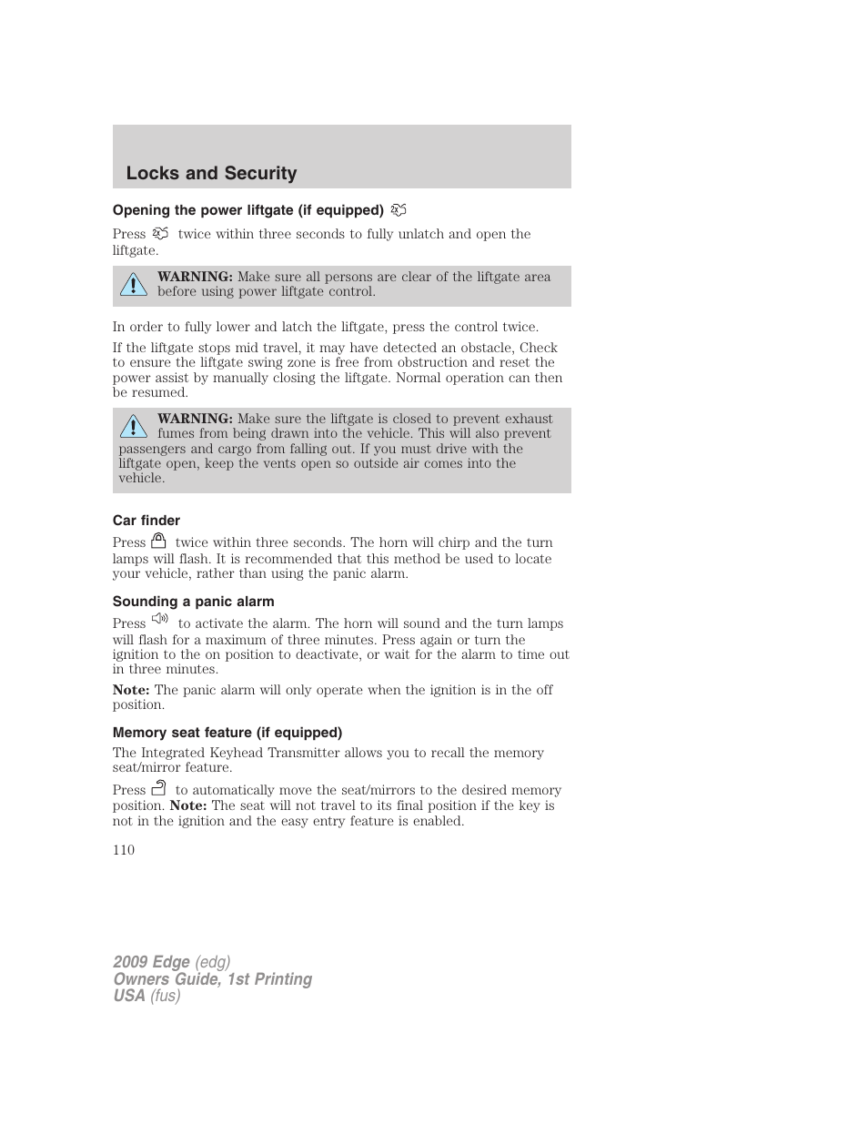 Opening the power liftgate (if equipped), Car finder, Sounding a panic alarm | Memory seat feature (if equipped), Locks and security | FORD 2009 Edge v.1 User Manual | Page 110 / 320