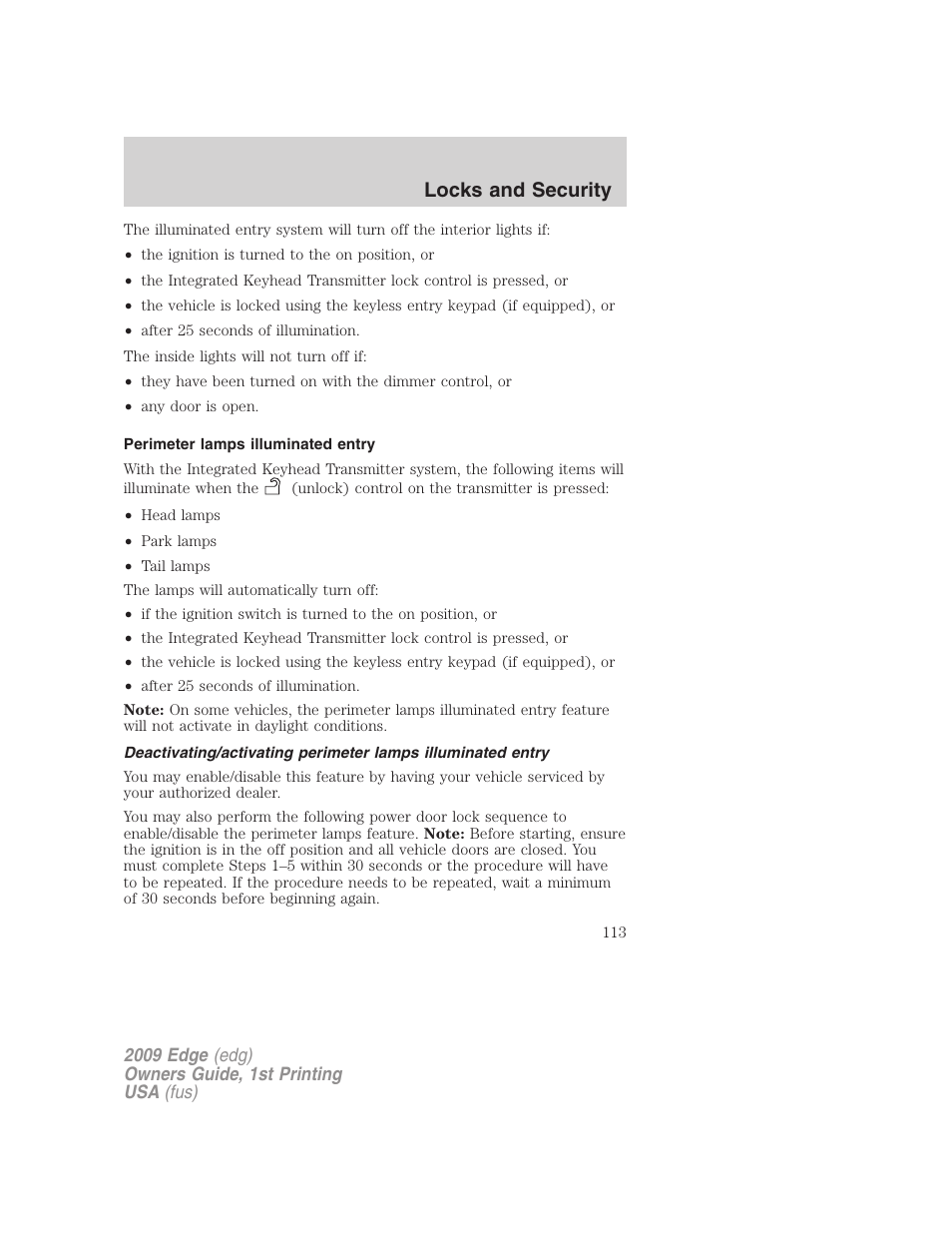 Perimeter lamps illuminated entry, Locks and security | FORD 2009 Edge v.1 User Manual | Page 113 / 320