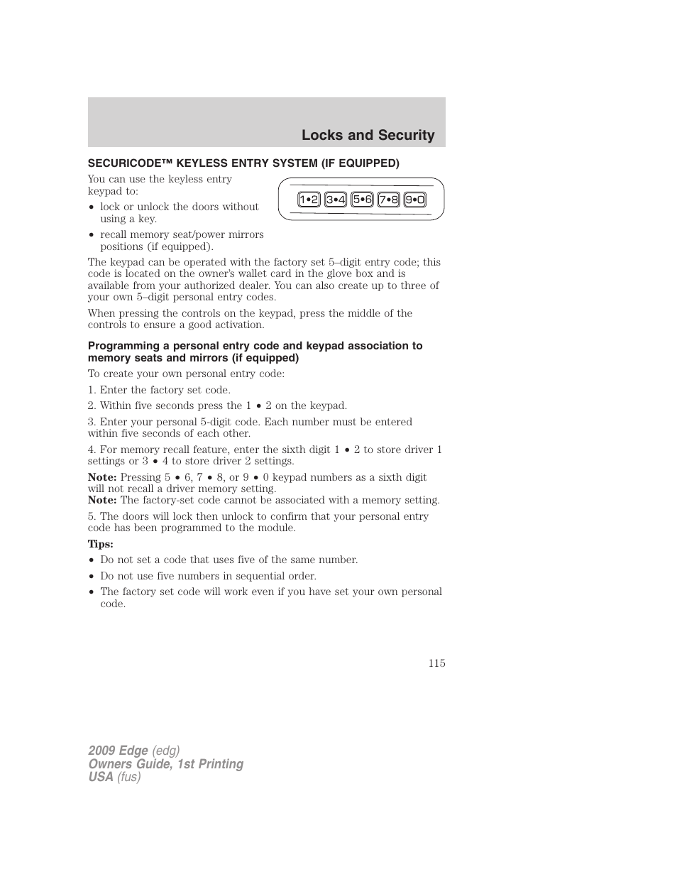 Securicode™ keyless entry system (if equipped), Locks and security | FORD 2009 Edge v.1 User Manual | Page 115 / 320