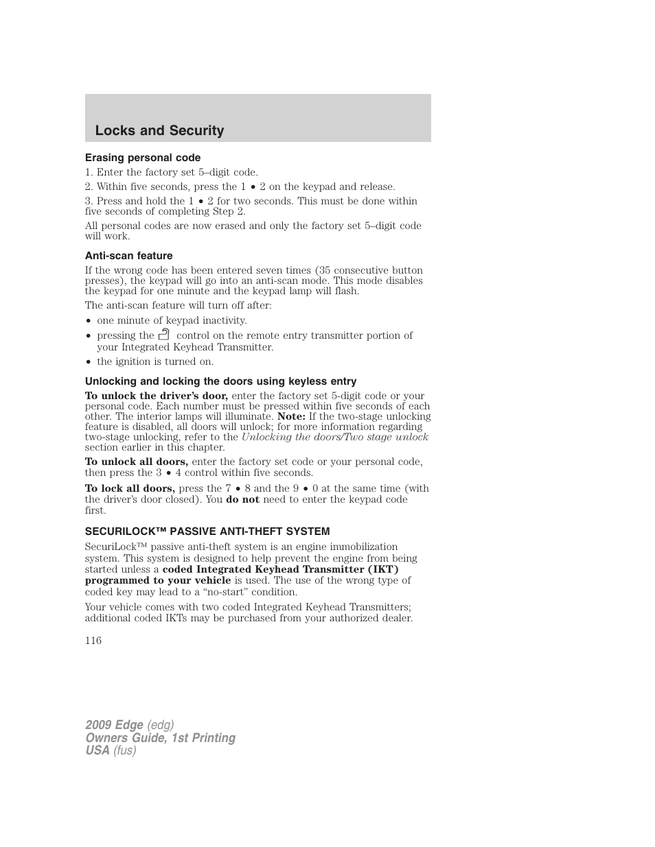 Erasing personal code, Anti-scan feature, Securilock™ passive anti-theft system | Anti-theft system, Locks and security | FORD 2009 Edge v.1 User Manual | Page 116 / 320