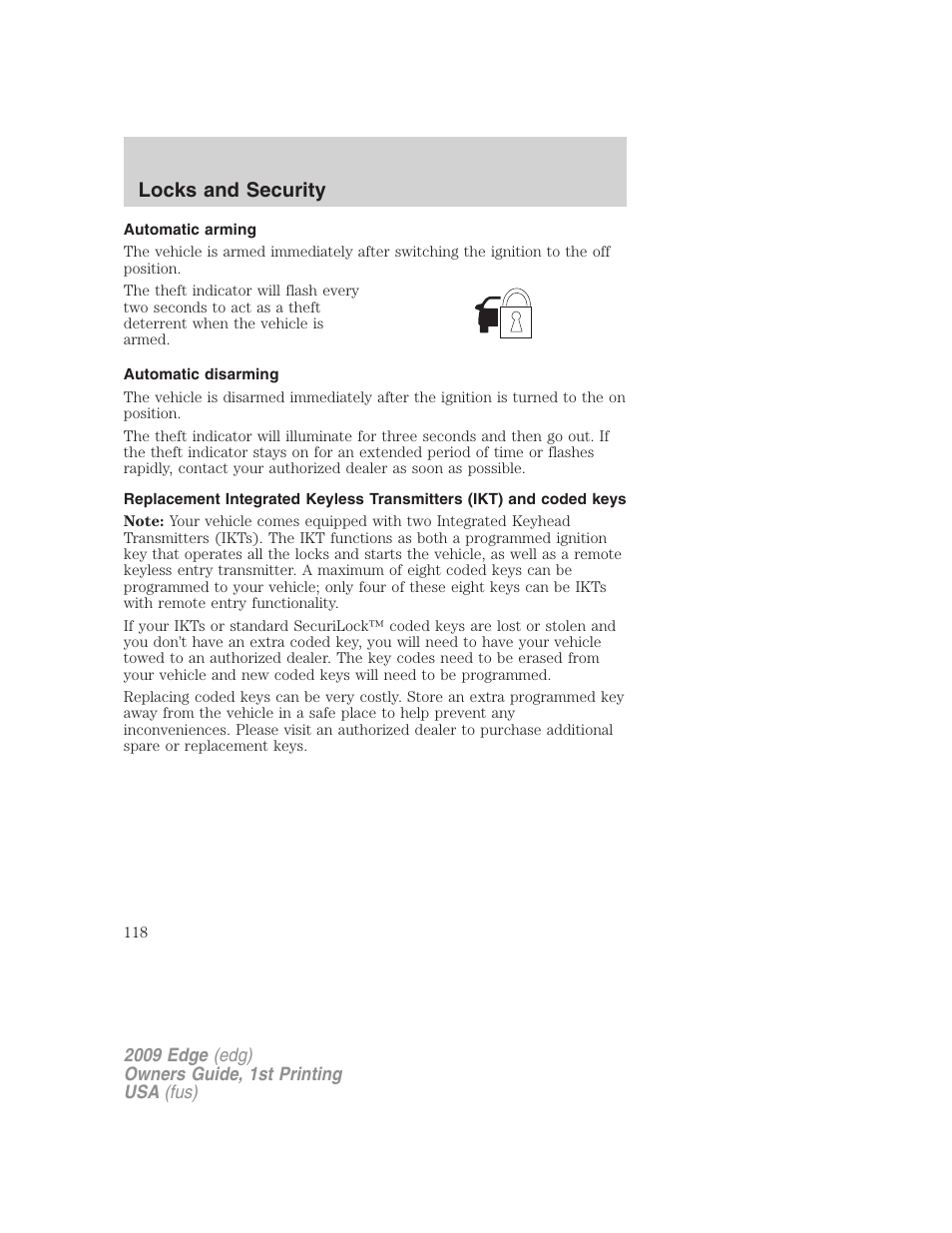 Automatic arming, Automatic disarming, Locks and security | FORD 2009 Edge v.1 User Manual | Page 118 / 320