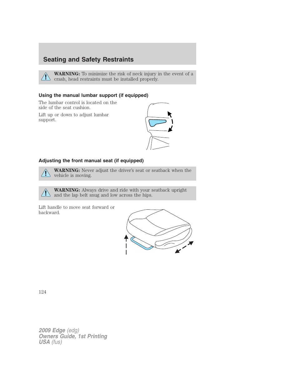 Using the manual lumbar support (if equipped), Adjusting the front manual seat (if equipped), Seating and safety restraints | FORD 2009 Edge v.1 User Manual | Page 124 / 320