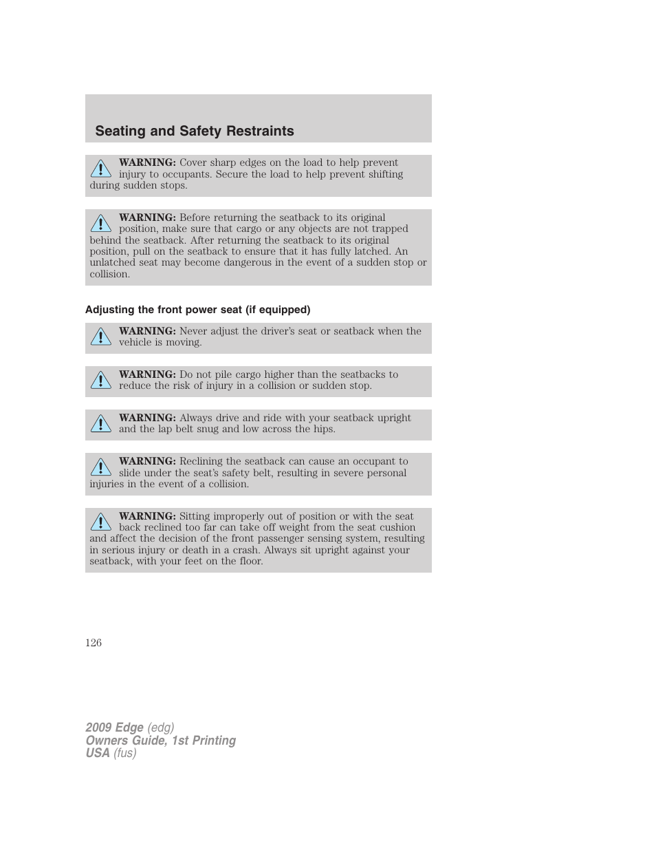 Adjusting the front power seat (if equipped), Seating and safety restraints | FORD 2009 Edge v.1 User Manual | Page 126 / 320