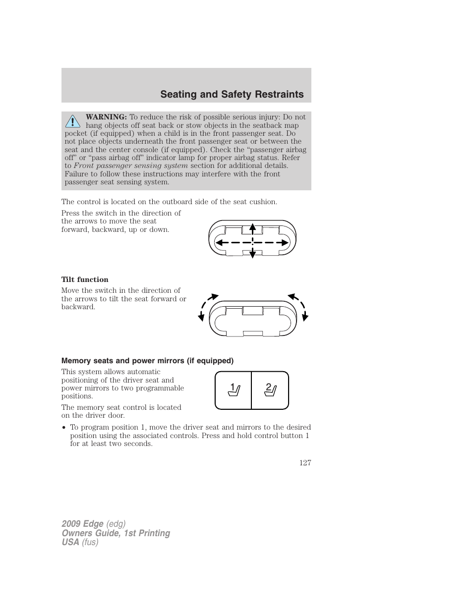 Memory seats and power mirrors (if equipped), Seating and safety restraints | FORD 2009 Edge v.1 User Manual | Page 127 / 320