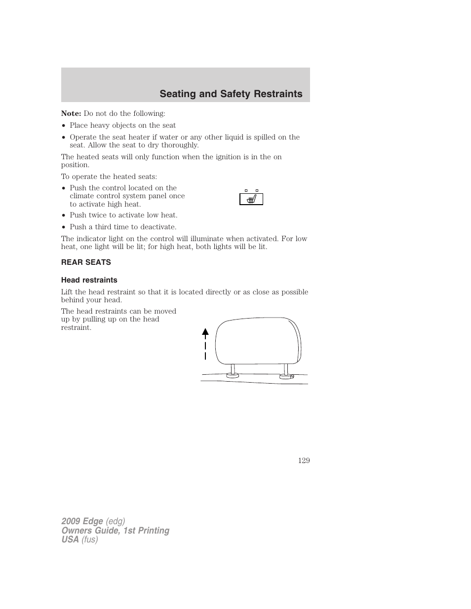 Rear seats, Head restraints, Seating and safety restraints | FORD 2009 Edge v.1 User Manual | Page 129 / 320