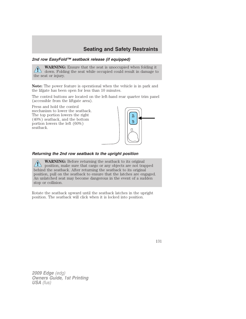 2nd row easyfold™ seatback release (if equipped), Seating and safety restraints | FORD 2009 Edge v.1 User Manual | Page 131 / 320