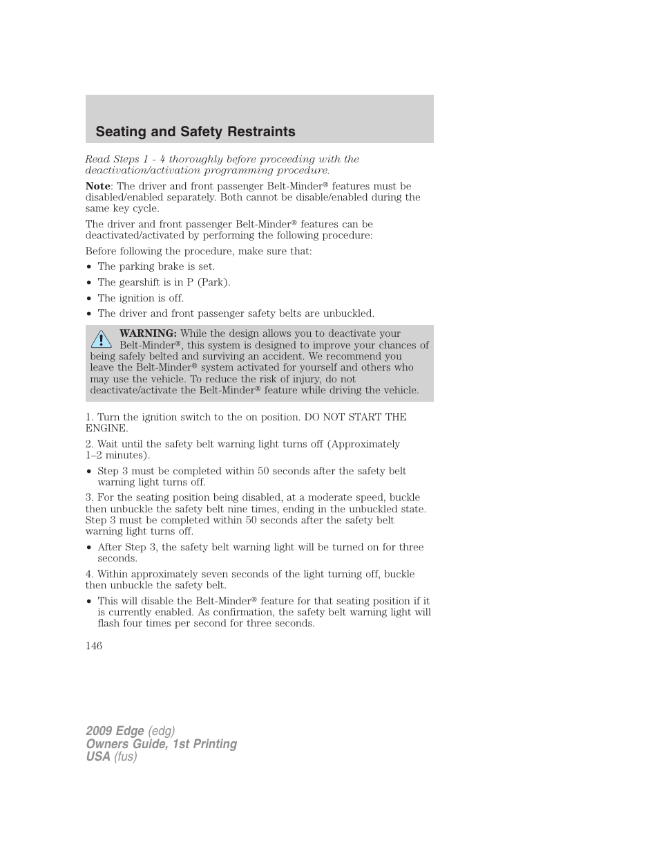 Seating and safety restraints | FORD 2009 Edge v.1 User Manual | Page 146 / 320