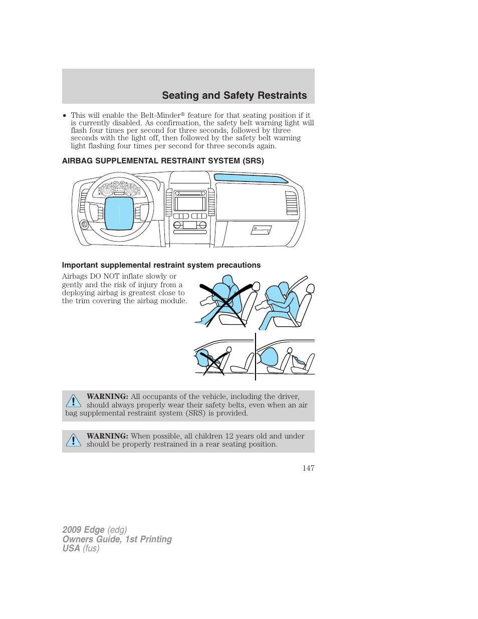 Airbag supplemental restraint system (srs), Airbags, Seating and safety restraints | FORD 2009 Edge v.1 User Manual | Page 147 / 320