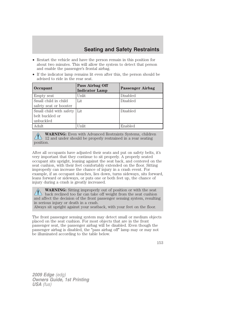 Seating and safety restraints | FORD 2009 Edge v.1 User Manual | Page 153 / 320