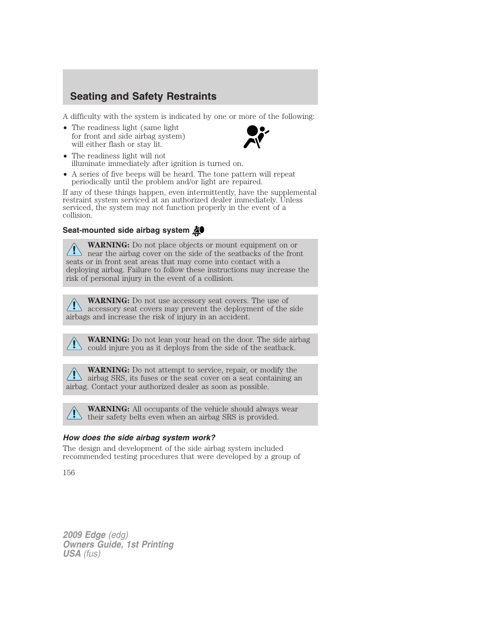 Seat-mounted side airbag system, How does the side airbag system work, Seating and safety restraints | FORD 2009 Edge v.1 User Manual | Page 156 / 320