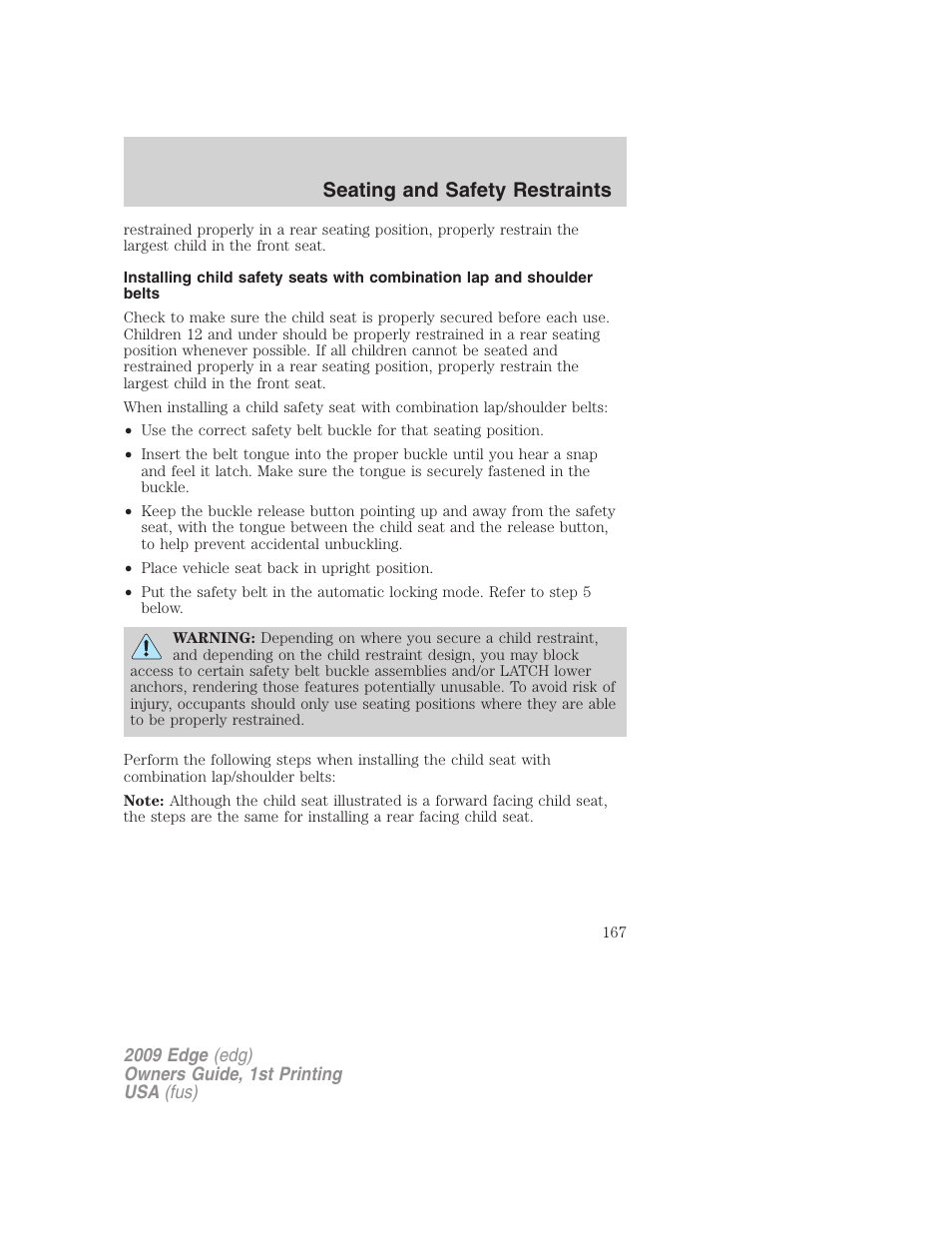 Seating and safety restraints | FORD 2009 Edge v.1 User Manual | Page 167 / 320
