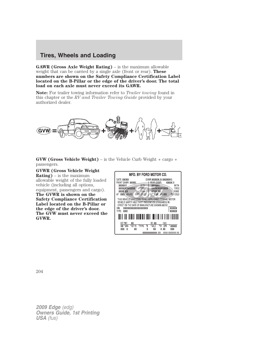 Tires, wheels and loading | FORD 2009 Edge v.1 User Manual | Page 204 / 320