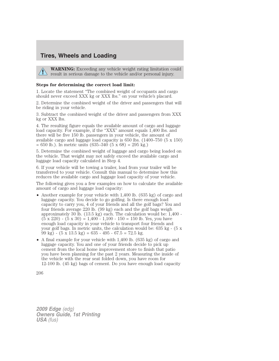 Tires, wheels and loading | FORD 2009 Edge v.1 User Manual | Page 206 / 320