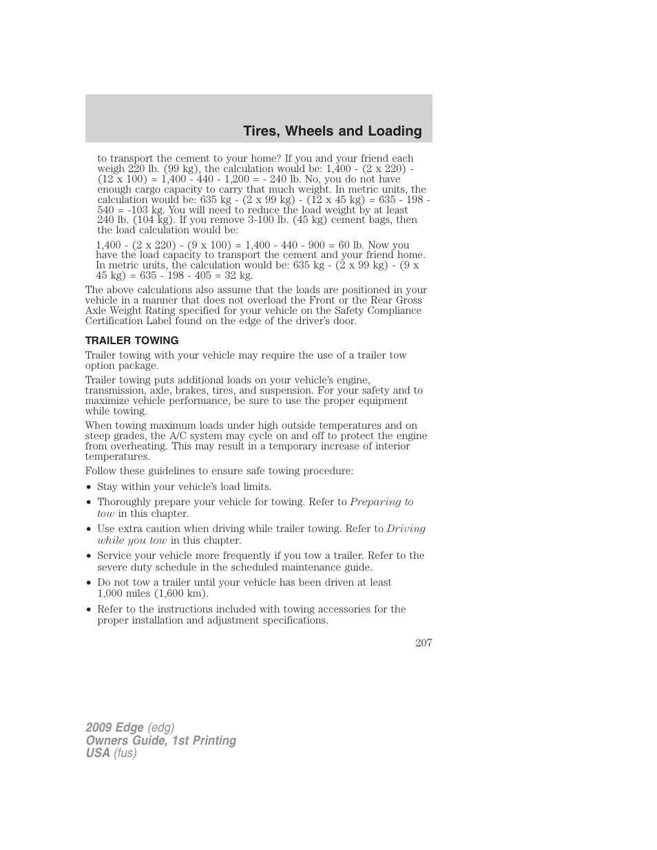 Trailer towing, Tires, wheels and loading | FORD 2009 Edge v.1 User Manual | Page 207 / 320