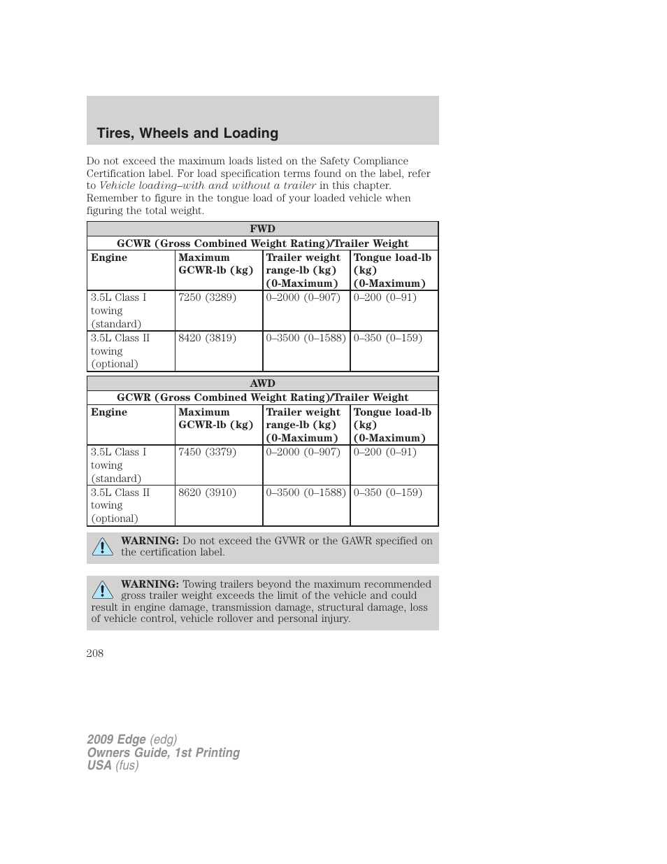 Tires, wheels and loading | FORD 2009 Edge v.1 User Manual | Page 208 / 320