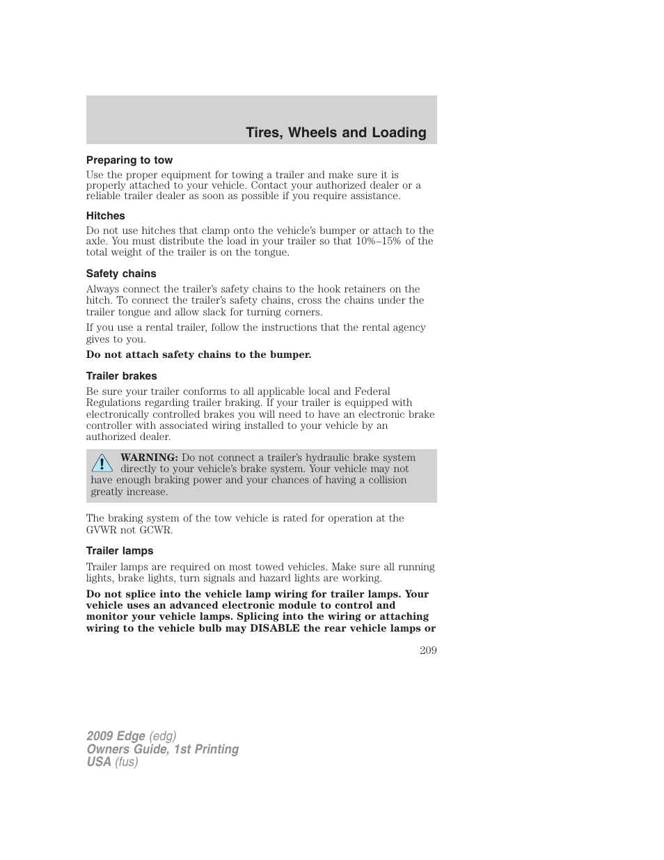 Preparing to tow, Hitches, Safety chains | Trailer brakes, Trailer lamps, Tires, wheels and loading | FORD 2009 Edge v.1 User Manual | Page 209 / 320