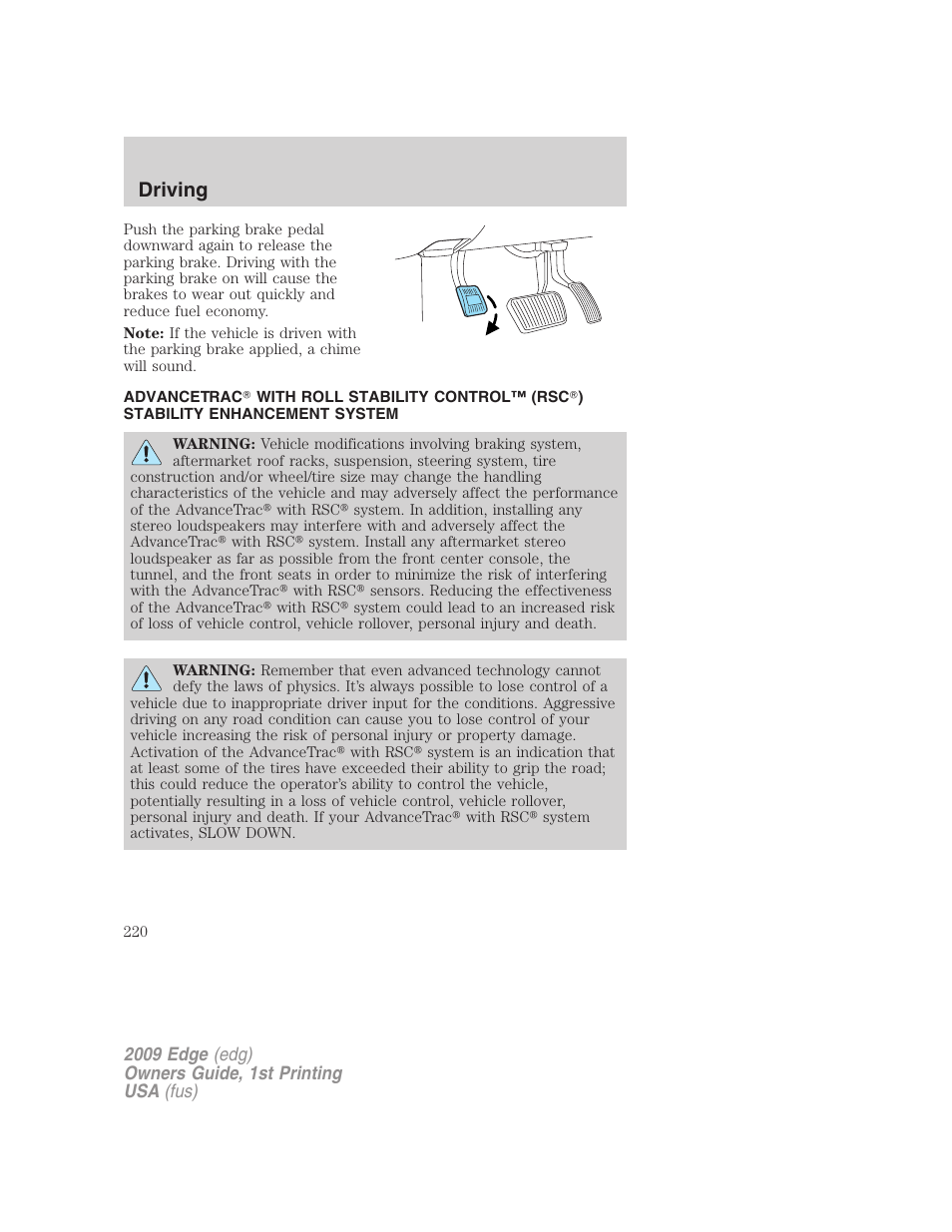 Advancetrac, Driving | FORD 2009 Edge v.1 User Manual | Page 220 / 320