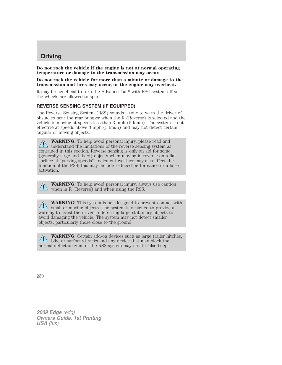 Reverse sensing system (if equipped), Reverse sensing system, Driving | FORD 2009 Edge v.1 User Manual | Page 230 / 320