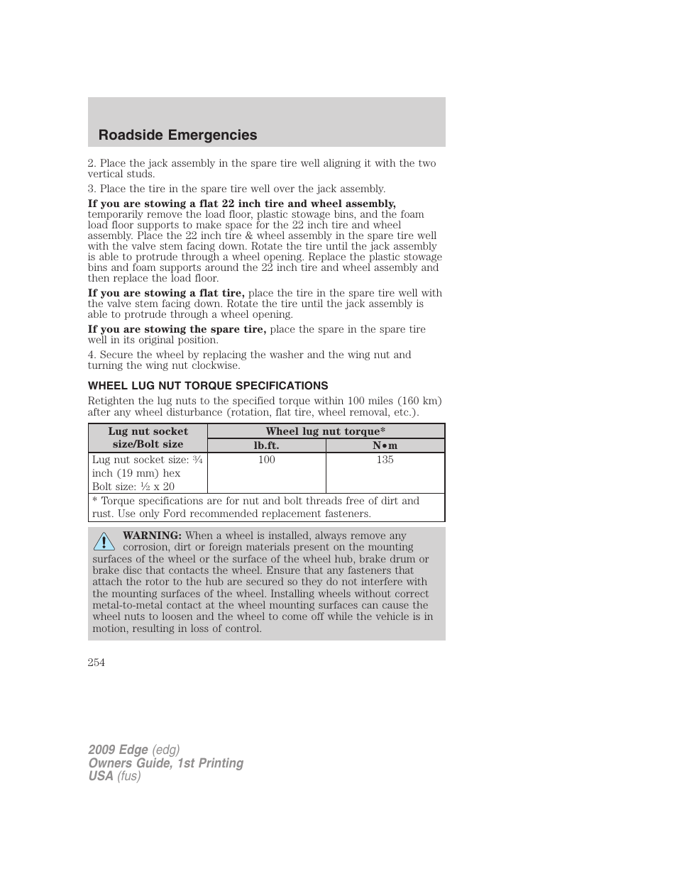 Wheel lug nut torque specifications, Wheel lug nut torque, Roadside emergencies | FORD 2009 Edge v.1 User Manual | Page 254 / 320