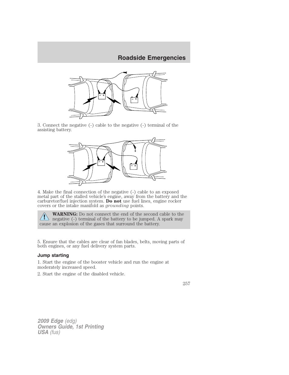 Jump starting, Roadside emergencies | FORD 2009 Edge v.1 User Manual | Page 257 / 320