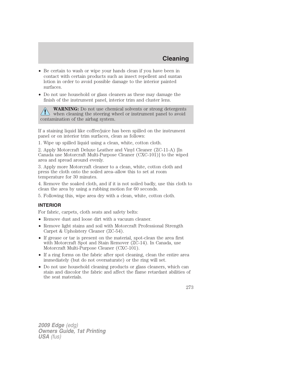 Interior, Cleaning | FORD 2009 Edge v.1 User Manual | Page 273 / 320