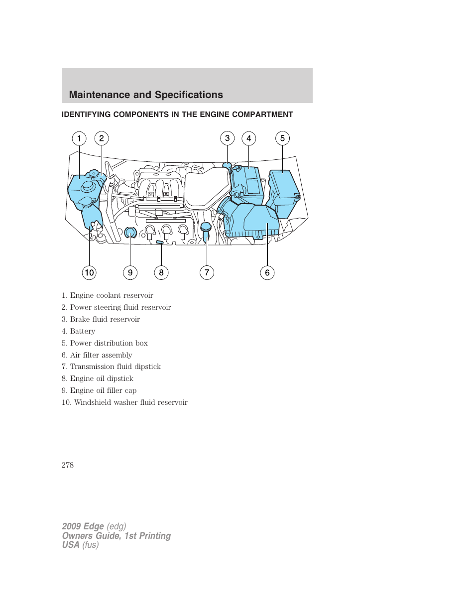 Identifying components in the engine compartment, Engine compartment, Maintenance and specifications | FORD 2009 Edge v.1 User Manual | Page 278 / 320