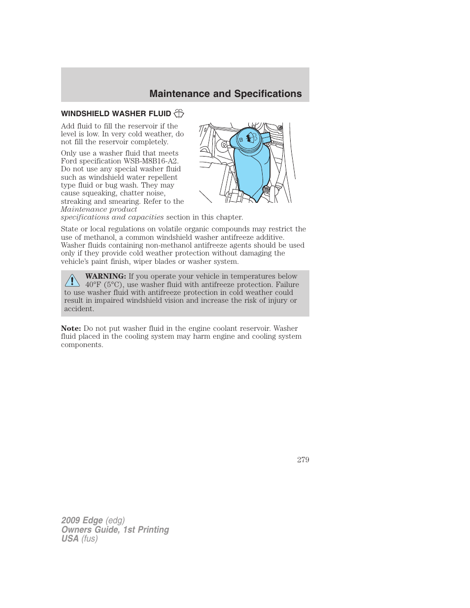 Windshield washer fluid, Maintenance and specifications | FORD 2009 Edge v.1 User Manual | Page 279 / 320