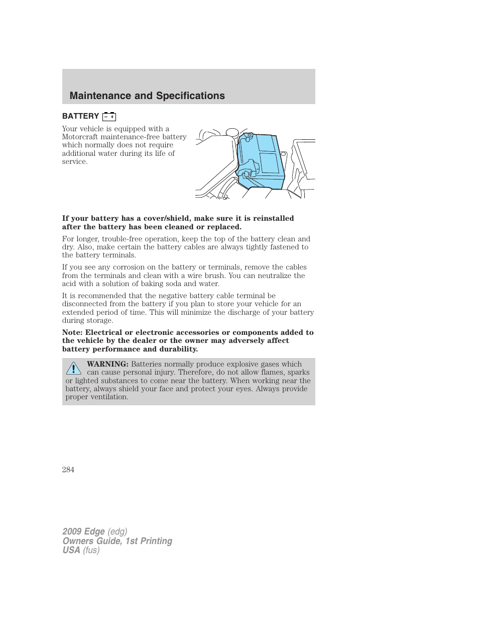 Battery, Maintenance and specifications | FORD 2009 Edge v.1 User Manual | Page 284 / 320