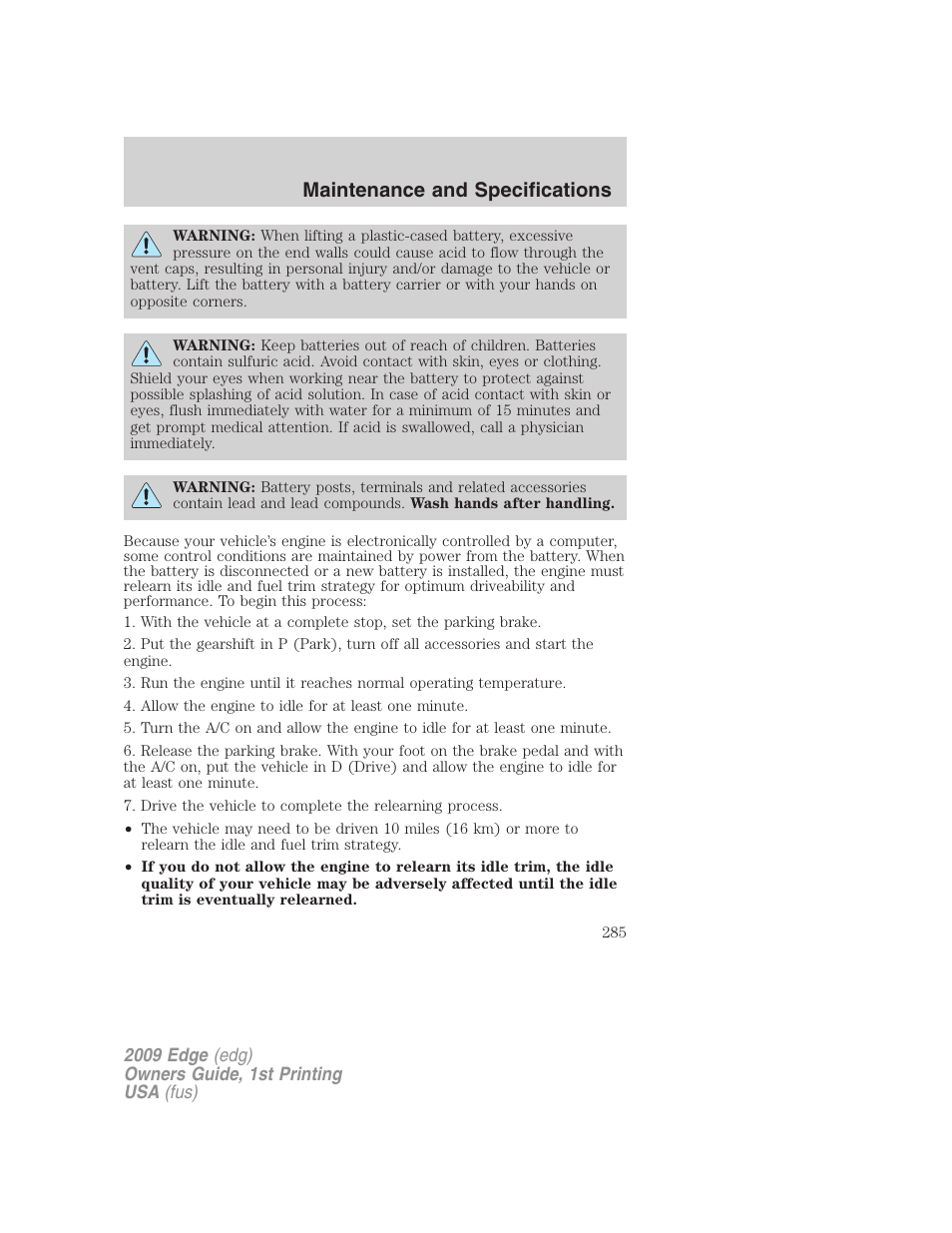 Maintenance and specifications | FORD 2009 Edge v.1 User Manual | Page 285 / 320