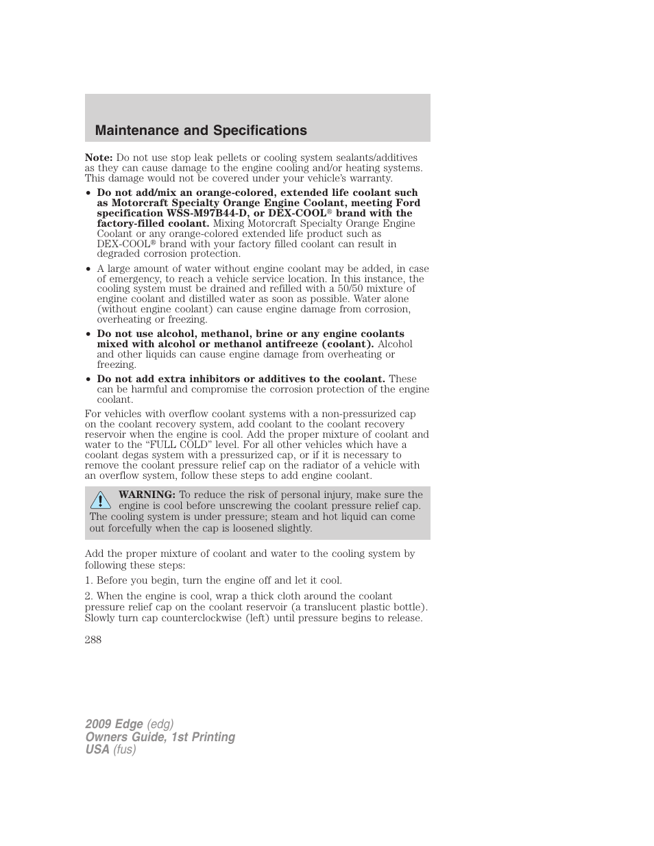 Maintenance and specifications | FORD 2009 Edge v.1 User Manual | Page 288 / 320