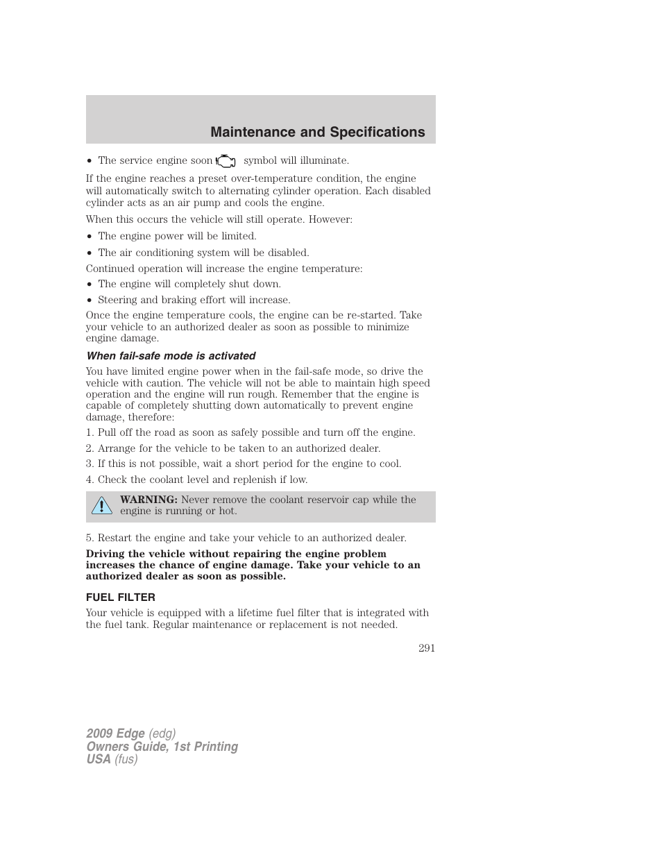 When fail-safe mode is activated, Fuel filter, Maintenance and specifications | FORD 2009 Edge v.1 User Manual | Page 291 / 320