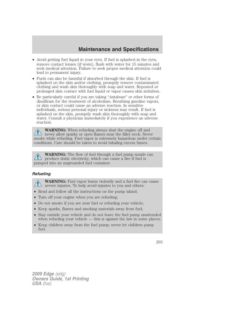 Refueling, Maintenance and specifications | FORD 2009 Edge v.1 User Manual | Page 293 / 320