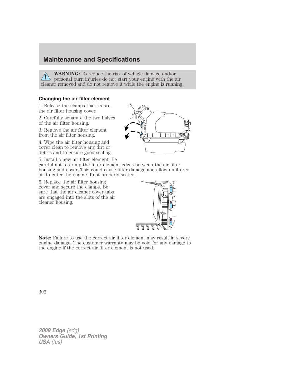 Changing the air filter element, Maintenance and specifications | FORD 2009 Edge v.1 User Manual | Page 306 / 320