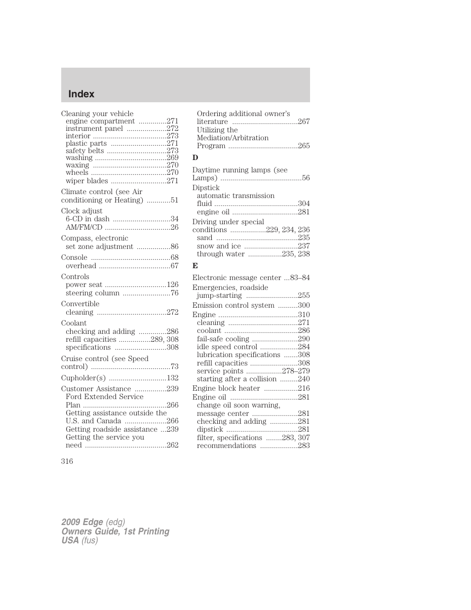 Index | FORD 2009 Edge v.1 User Manual | Page 316 / 320