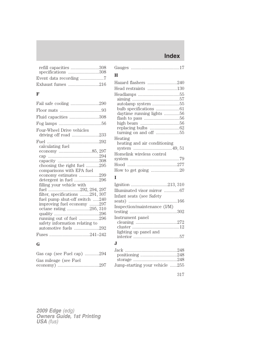 Index | FORD 2009 Edge v.1 User Manual | Page 317 / 320