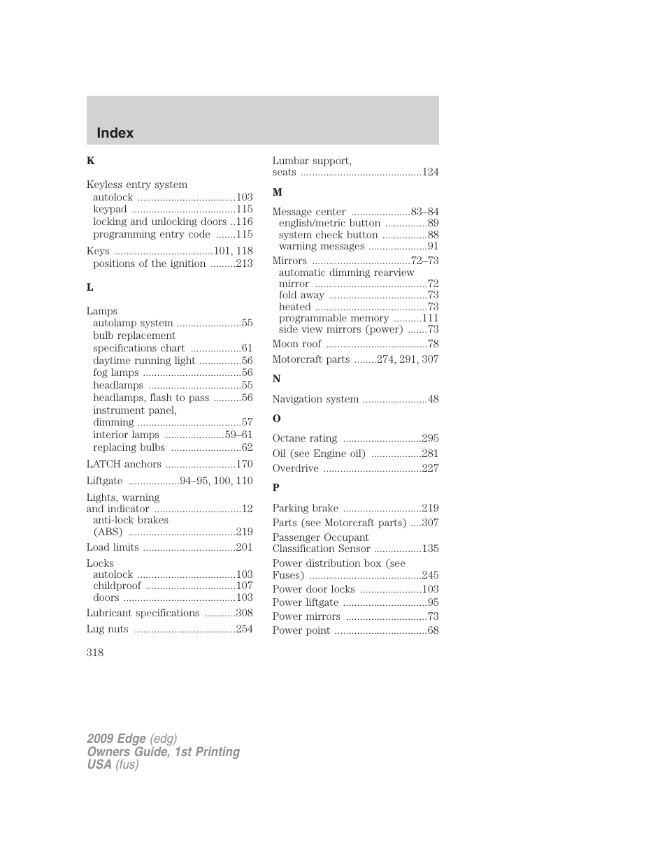 Index | FORD 2009 Edge v.1 User Manual | Page 318 / 320