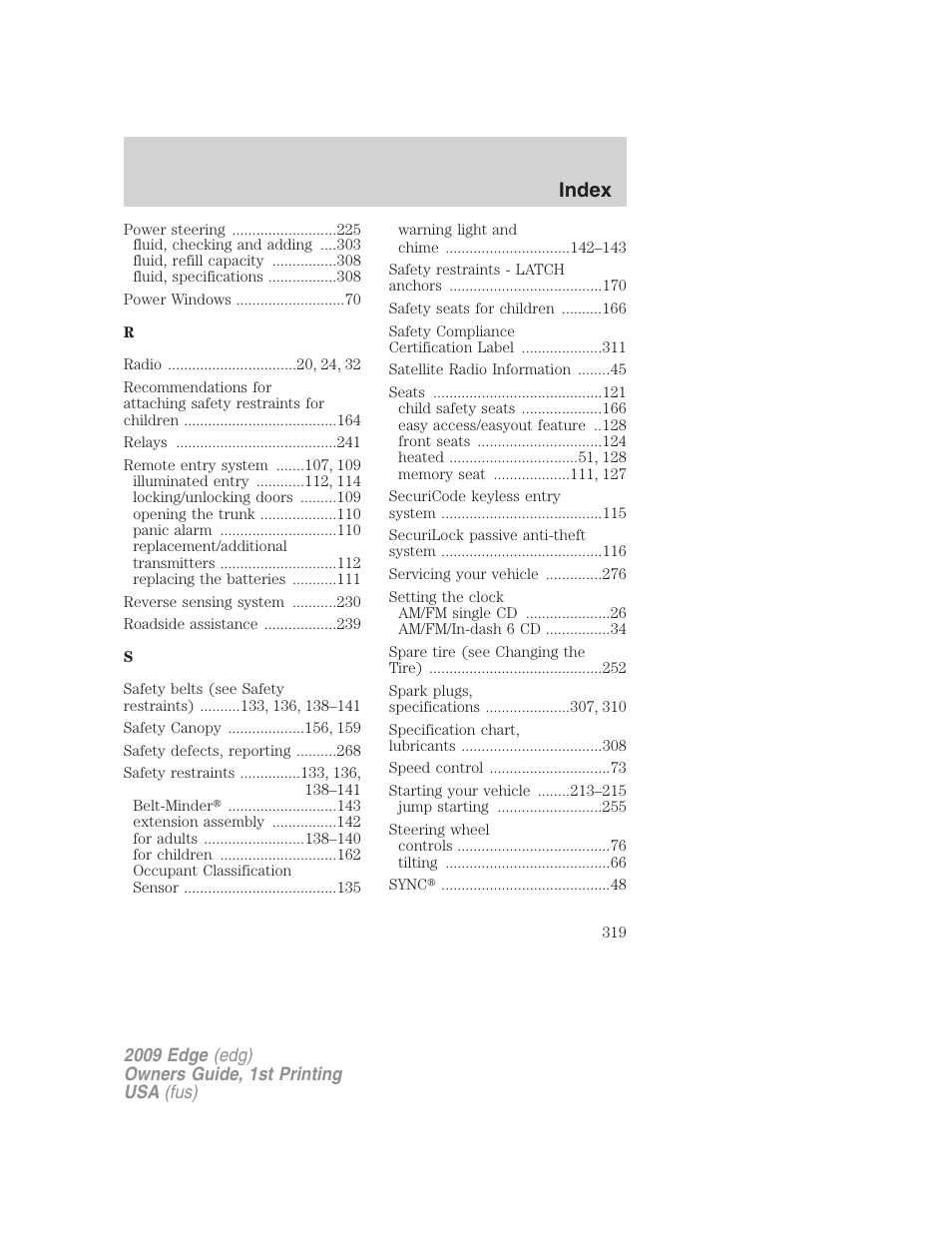 Index | FORD 2009 Edge v.1 User Manual | Page 319 / 320