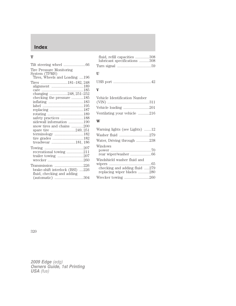 Index | FORD 2009 Edge v.1 User Manual | Page 320 / 320
