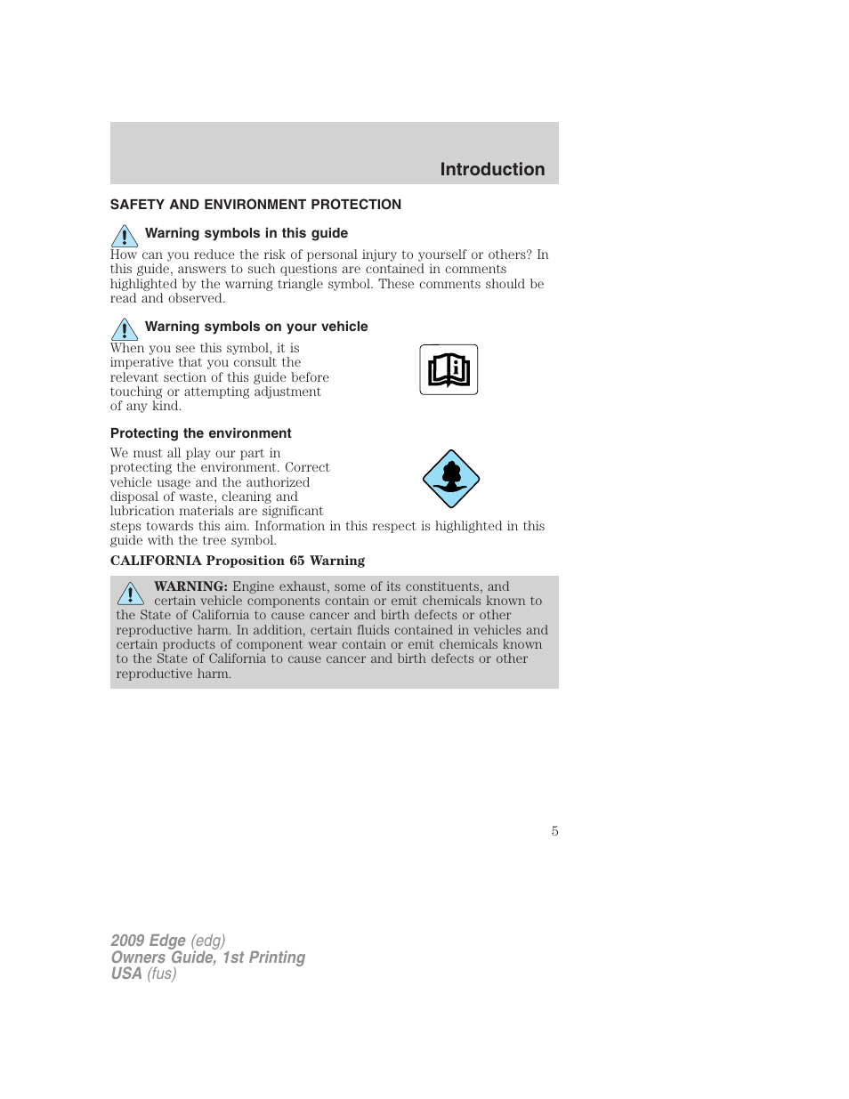 Safety and environment protection, Warning symbols in this guide, Warning symbols on your vehicle | Protecting the environment, Introduction | FORD 2009 Edge v.1 User Manual | Page 5 / 320