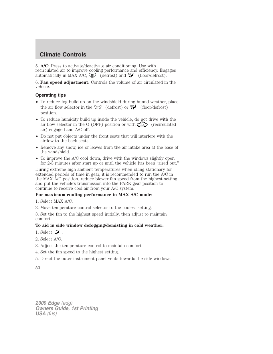 Operating tips, Climate controls | FORD 2009 Edge v.1 User Manual | Page 50 / 320