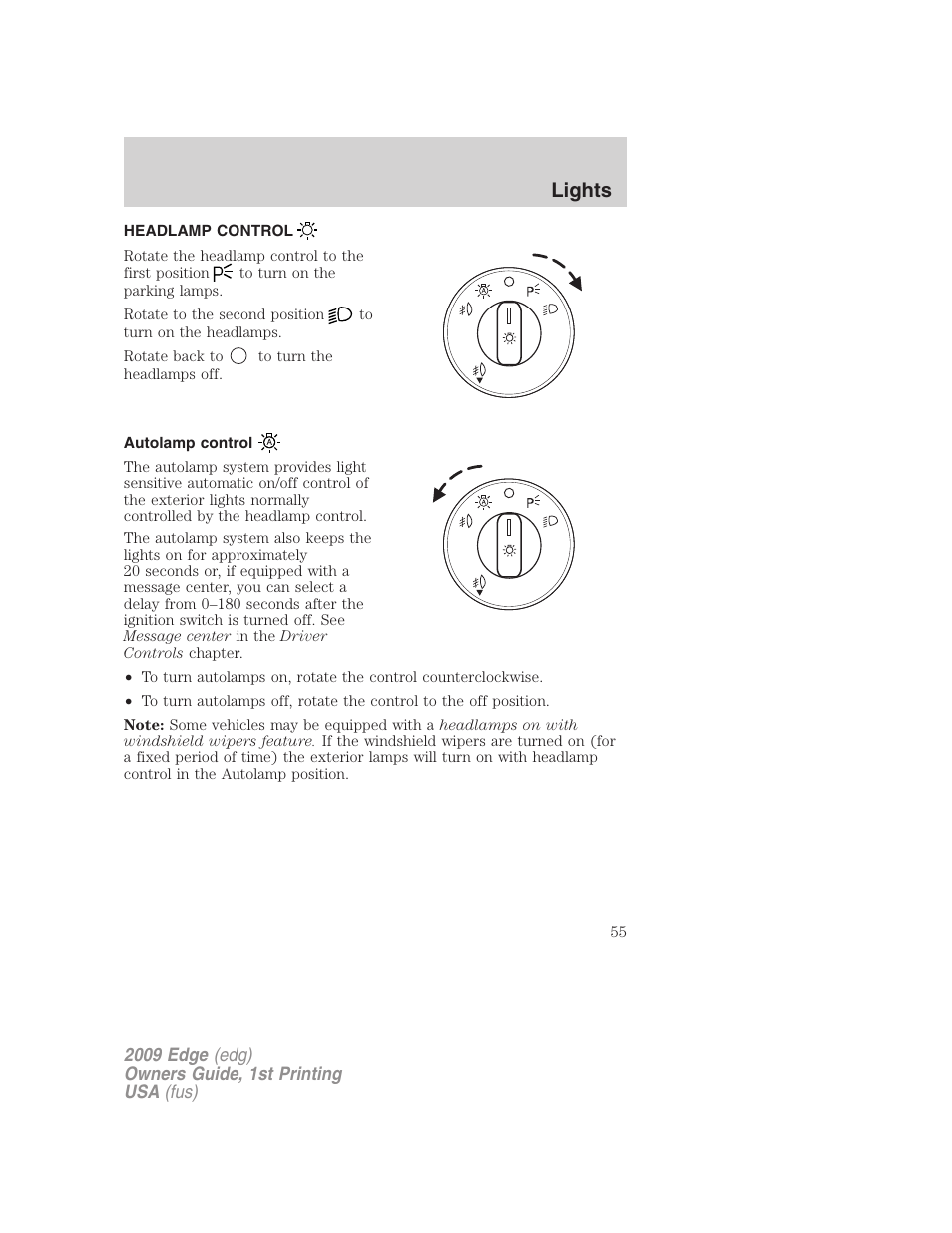 Lights, Headlamp control, Autolamp control | Headlamps | FORD 2009 Edge v.1 User Manual | Page 55 / 320