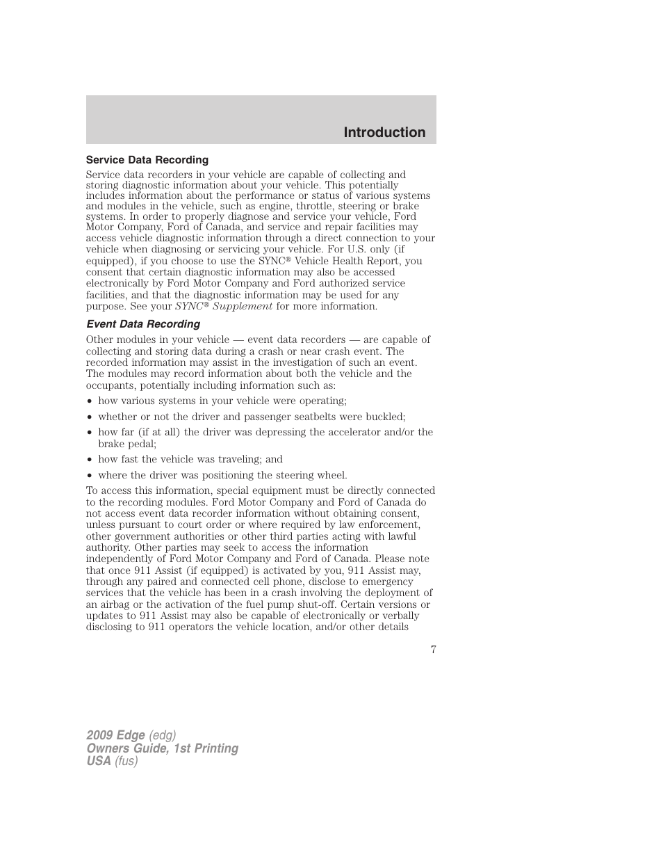 Service data recording, Event data recording, Introduction | FORD 2009 Edge v.1 User Manual | Page 7 / 320