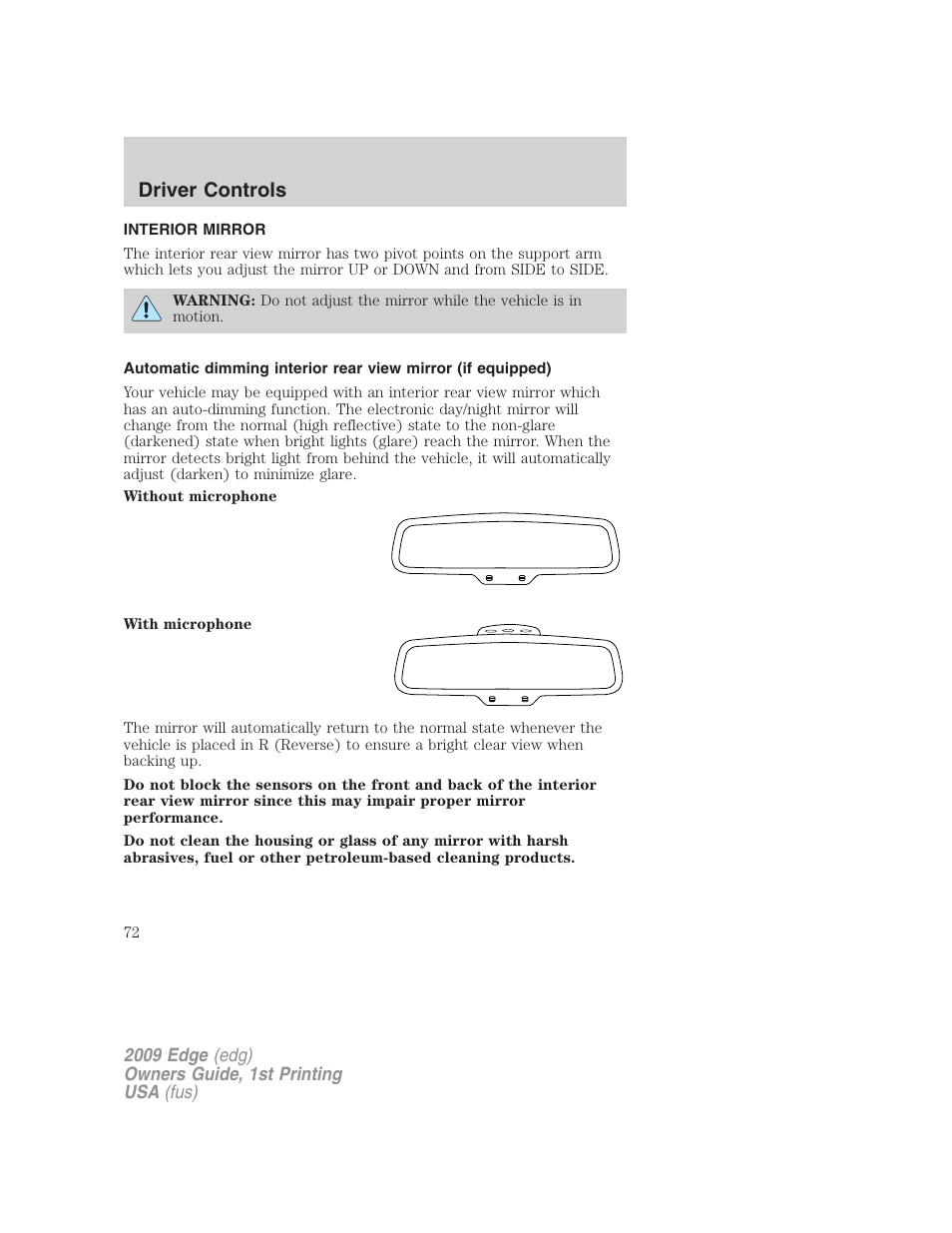 Interior mirror, Mirrors, Driver controls | FORD 2009 Edge v.1 User Manual | Page 72 / 320