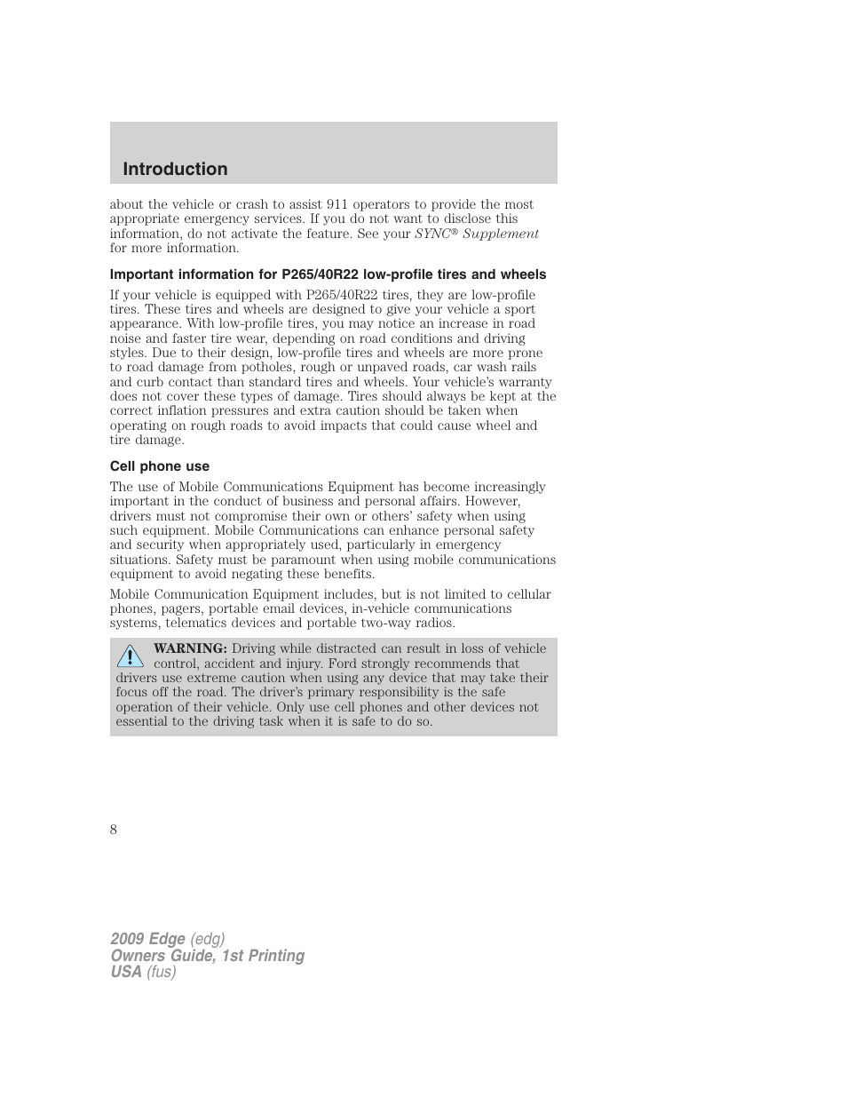 Cell phone use, Introduction | FORD 2009 Edge v.1 User Manual | Page 8 / 320