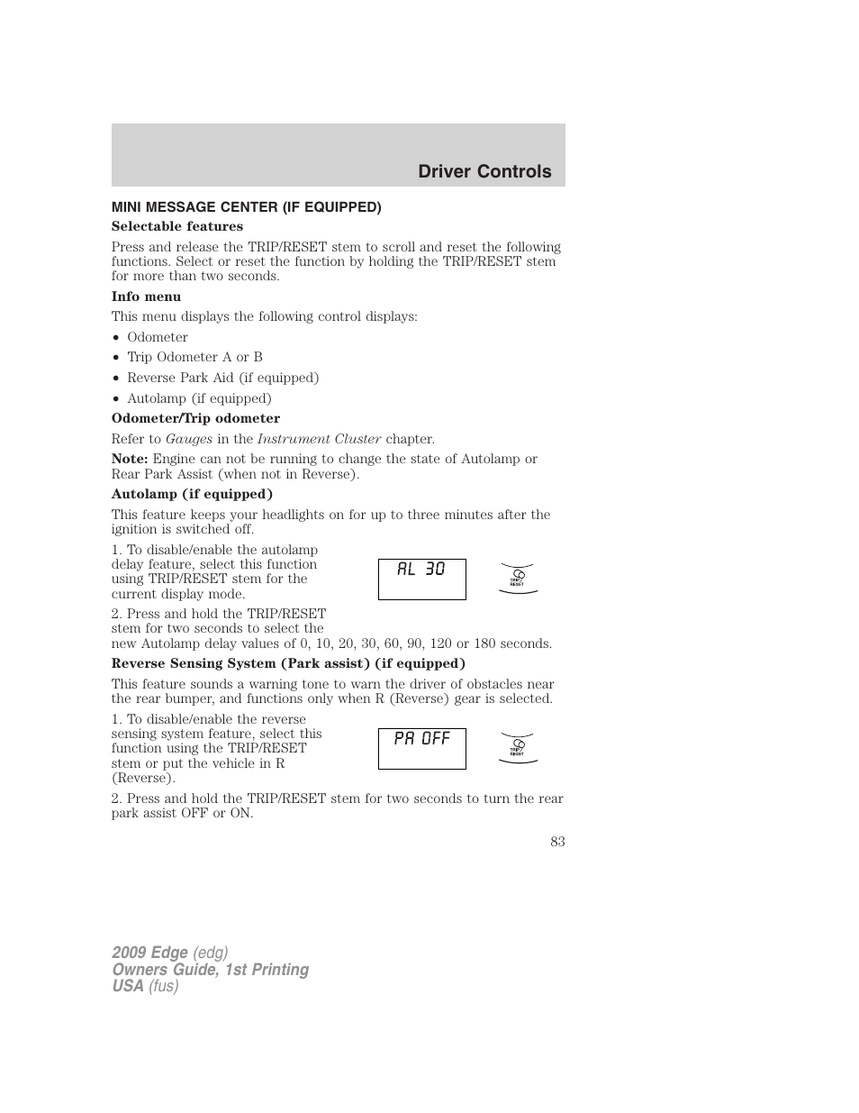 Mini message center (if equipped), Message center, Driver controls | FORD 2009 Edge v.1 User Manual | Page 83 / 320