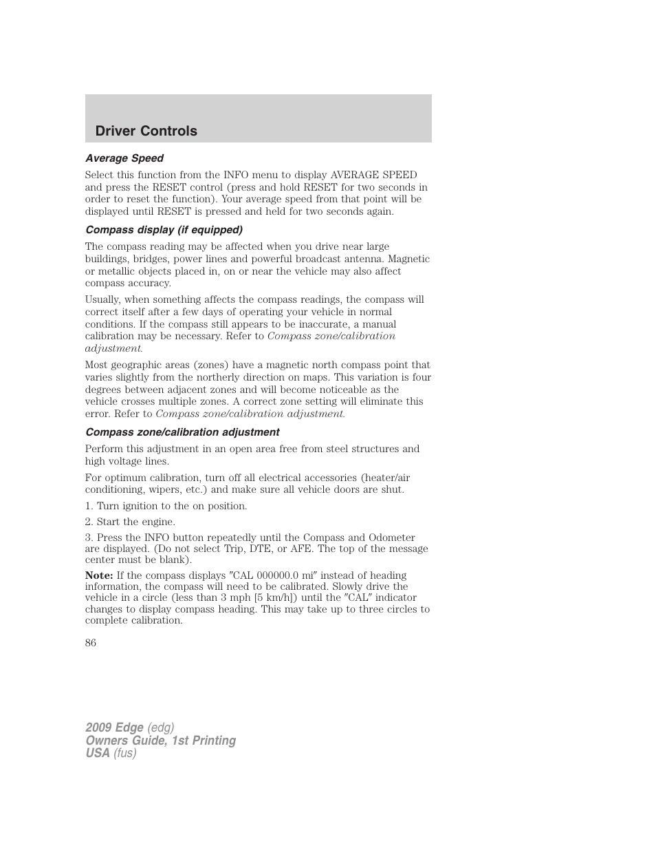 Average speed, Compass display (if equipped), Compass zone/calibration adjustment | Driver controls | FORD 2009 Edge v.1 User Manual | Page 86 / 320